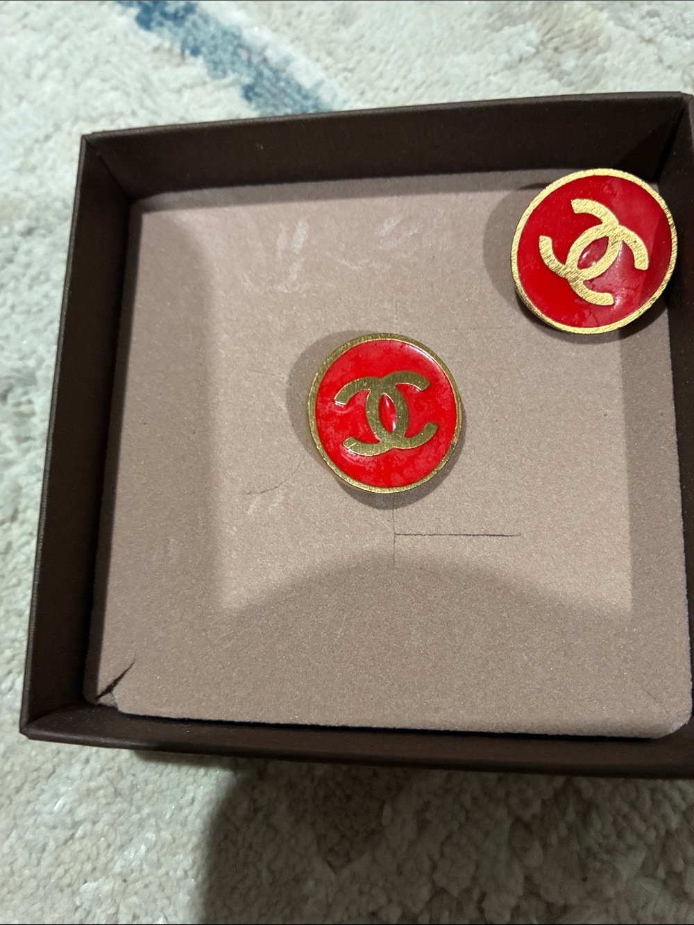 CHANEL Gold-Tone CC Red Enamel Round Clip Earrings